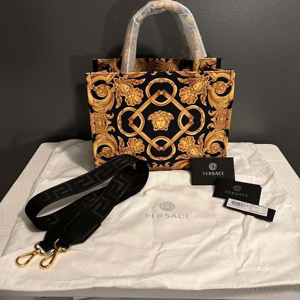 Versace Black Gold Small Tote with Shoulder Strap